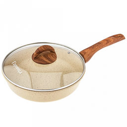 Сковорода с тефлоновым покрытием д24см "Гармония", h6,5см, стеклянная крышка с пароотводом, пластмассовая ручка с покрытием "soft-touch" под дерево, "Оникс", подарочная упаковка (Россия)