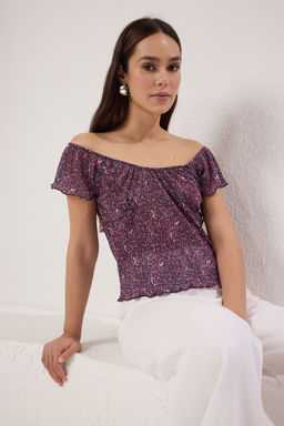 Mor Cicek Bask?l? Crop Carmen Yaka Buzgulu Kol Orme Bluz TWOSS25BZ00116 - Trendyolmilla фото 2