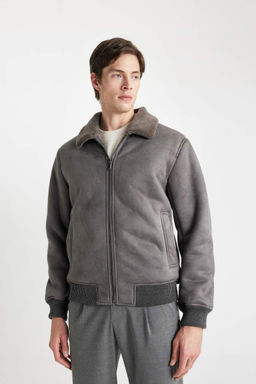 Замшевое пальто приталенного кроя с воротником-поло на подкладке - Defacto фото 4