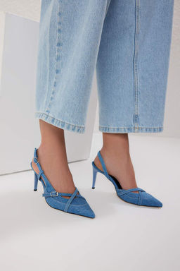 Trendyolmilla Shoes Mavi Denim Kontrast Dikisli Sivri Burun Kad?n Ince Topuklu Ayakkab? TAKSS25TO00105