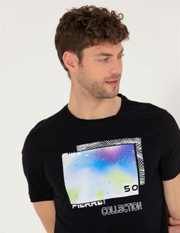 Siyah Slim Fit Bask_l_ Bisiklet Yaka Ti__rt - Pierre cardin фото 3