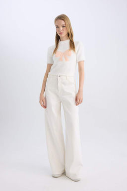 Женский крутой свитер стандартной посадки с лентой и бантом, детальный круглый вырез, короткий рукав, плюшевый трикотаж из пряжи, свитер - Defacto фото 2