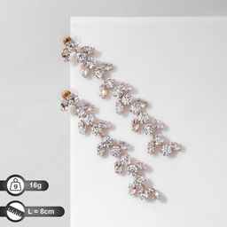 Серьги висячие со стразами Гроздь с листьями, цвет белый в золоте, 8см