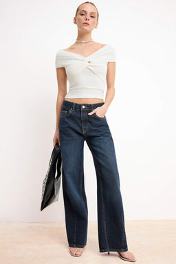 Siyah Fitted/Vucuda Oturan Asimetrik Yaka Buzgulu Crop/K?sa Pamuklu Esnek Orme Bluz TWOSS26BZ00337 - Trendyolmilla фото 6