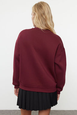 Bordo Oversize/Rahat Kesim Basic Bisiklet Yaka Kal?n/Ici polarl? Orme Sweatshirt TWOAW24SW00102