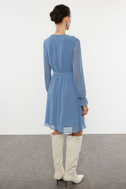 Indigo Kusakl? Duz Mini Kusakl? Kruvaze Dokuma Elbise TWOAW20EL0789