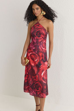 Cok Renkli Cicek Desenli Dokuma Midi Abiye Gece Mezuniyet Elbisesi TPRSS25EL00106