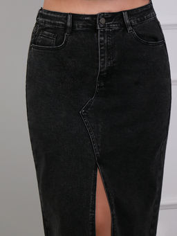 Юбка джинсовая с бахромой и разрезом спереди - Almond фото 6