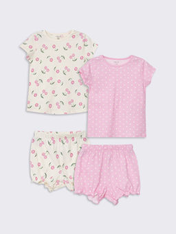 Bisiklet Yaka Bask?l? K?z Bebek ?ortlu Pijama Tak?m? 2li