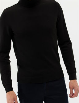 Siyah Slim Fit Yar_m Bal_k__ Yaka Basic Triko Kazak
