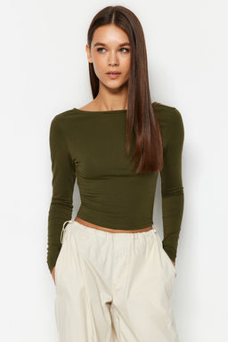 Haki Derin S?rt Dekolteli Fitted/Vucuda Oturan Pamuklu Esnek Orme Bluz TWOAW24BZ00173