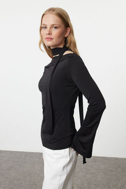 Trendyolmilla Siyah Sal Detayl? Fitted/Vucuda Oturan Esnek Orme Bluz TWOAW25BZ00107  фото 11
