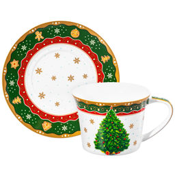 Чайная пара 2 пр. 250 мл 12,5*9,5*7 см "Новогодняя елка" зеленый узор, NEW BONE CHINA