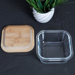 Контейнер квадратный, крышка бамбук 320 мл, стекло / S-320Z /уп 48/ - Галеонтрейд фото 2