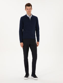 Lacivert Slim Fit Flanel Dokulu Kuma_ Pantolon
