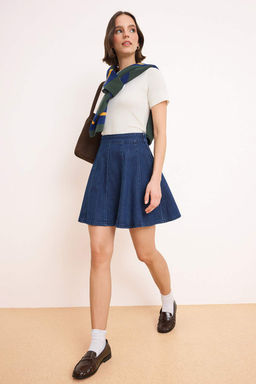Koyu Mavi Volanl? %100 Pamuk Mini Denim Etek TWOSS26ET00068 - Trendyolmilla фото 3