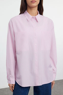 Pembe Cizgili Oversize Dokuma Gomlek TWOAW23GO00359