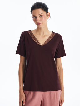 V Yaka Dantel Detayl? K?sa Kollu Kad?n Bluz