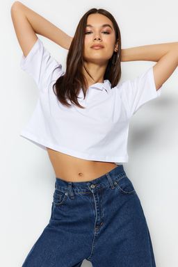 TRENDYOLMILLA Lacivert %100 Pamuk Relaxed/Rahat Kal?p Crop Polo Yaka Orme T-Shirt TWOSS22TS0241  фото 14