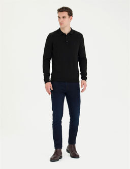 Siyah Slim Fit Polo Yaka Basic Triko Kazak