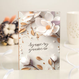 Открытка 4 шоколадки "Лучшему учителю" (бежевая с цветами)