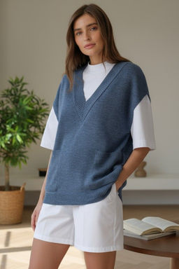 Жилет вязаный оверсайз с v-вырезом бежевый меланж