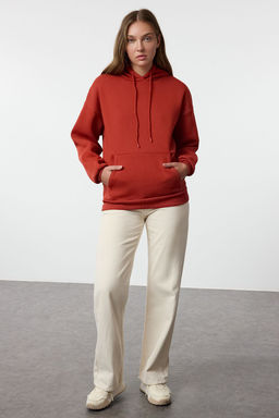 Kiremit Kal?n Ici Polarl? Oversize/Genis Kal?p Kapusonlu Basic Orme Sweatshirt TWOAW24SW00103