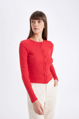 Кардиган узкого кроя с круглым вырезом в рубчик и камзолом - Defacto фото 5