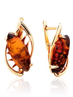 Эффектные серьги из позолочённого серебра с натуральным коньячным янтарём Росянка, 610108195