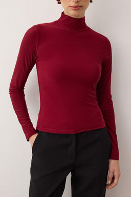 Bordo Fitted/Vucuda Oturan Uzun Kollu Dik Yaka Fitilli Esnek Orme Bluz TWOAW25BZ00078