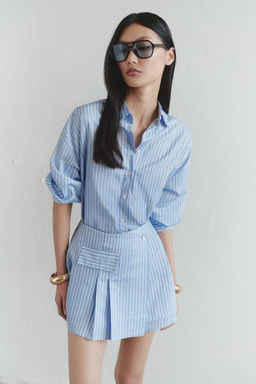 Trendyolmilla Limited Edition Mavi Cizgili Gomlek Detayl? Mini Dokuma Elbise TWOSS25EL00522