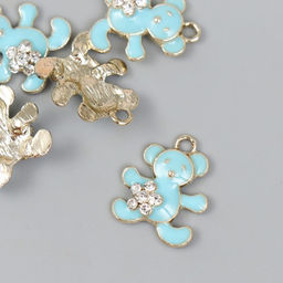 Цена за 5 шт. Декор для творчества металл, эмаль, стразы Мишка с цветочком, голубой, золото, 0.5?1.7?2 см