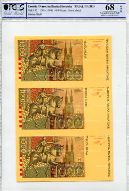 Банкнота 1000 куна 1993(1994) года Хорватия (в слабе PCGS Gem UNC 68)  неразрезанный лист, пробный