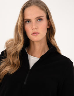 Siyah Comfort Fit Fermuarl_ Polar Sweatshirt