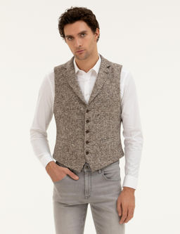 Bej Slim Fit Y_n Kar___ml_ Dokuma Yelek