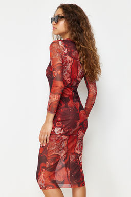 Kahverengi Bask?l? Tul Astarl? Vucuda Oturan Dik Yaka Midi Orme Elbise TWOAW24EL00165 - Trendyolmilla фото 3