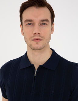 Темно-синий облегающий трикотажный свитер с воротником-поло - Cacharel фото 2