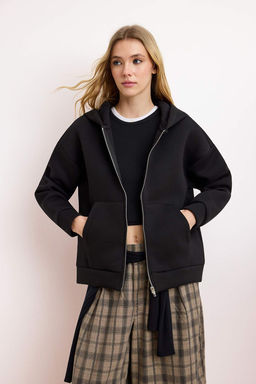 Wardrobe Essentials Siyah Oversize Kapusonlu Orme Sweatshirt |TWOAW26SW00018