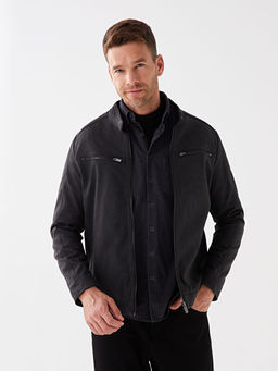 Standart Kal?p Biker Yaka Erkek Deri G?r?n?ml? Mont