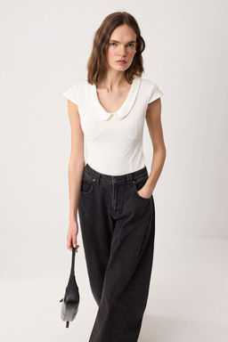 Ekru Regular/Normal Kal?p Bebe Yaka Kolsuz Interlok Orme Bluz TWOSS26BZ00342