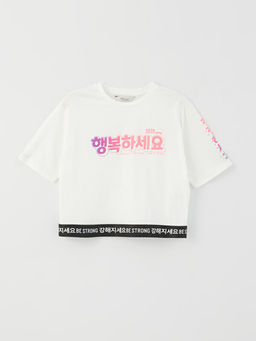 Bisiklet Yaka K-Pop Bask?l? K?sa Kollu K?z ?ocuk Crop Ti??rt