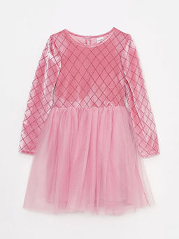 Bisiklet Yaka Desenli Uzun Kollu Kadife K?z ?ocuk Elbise