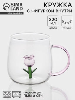 Кружка Розочка, 320 мл, 9?12.5?9 см, с фигуркой, стекло, прозрачная, розовая
