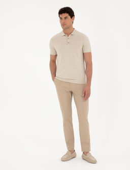 Bej Slim Fit D__meli Polo Yaka Keten Kar___ml_ Triko Ti__rt