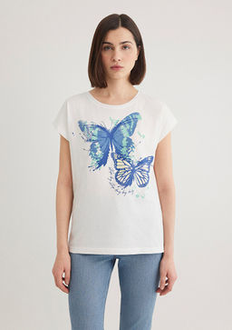 Kelebek Bask?l? Beyaz Tisort - Mavi фото 3