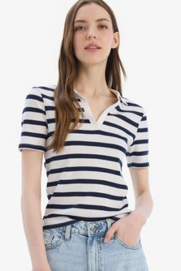 Slim Fit Dar Kesim Cizgili Polo Yaka Ribana K?sa Kollu Tisort