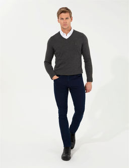Gri Melanj Slim Fit V Yaka Basic Triko Kazak