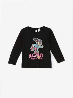 Bisiklet Yaka Uzun Kollu Bask?l? K?z Bebek Ti??rt