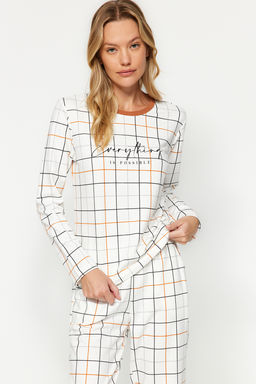 Beyaz %100 Pamuklu Ekoseli Tshirt-Pantolon Orme Pijama Tak?m? THMAW24PT00235