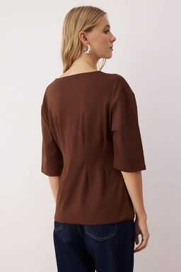 Kahverengi Interlok Peplum/Belden Oturmal? Esnek Orme Bluz TWOAW26BZ00187